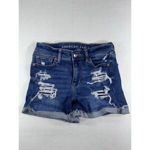 American Eagle Next Level Stretch Denim Shorts Womens 0 Distressed Cut Off Blue